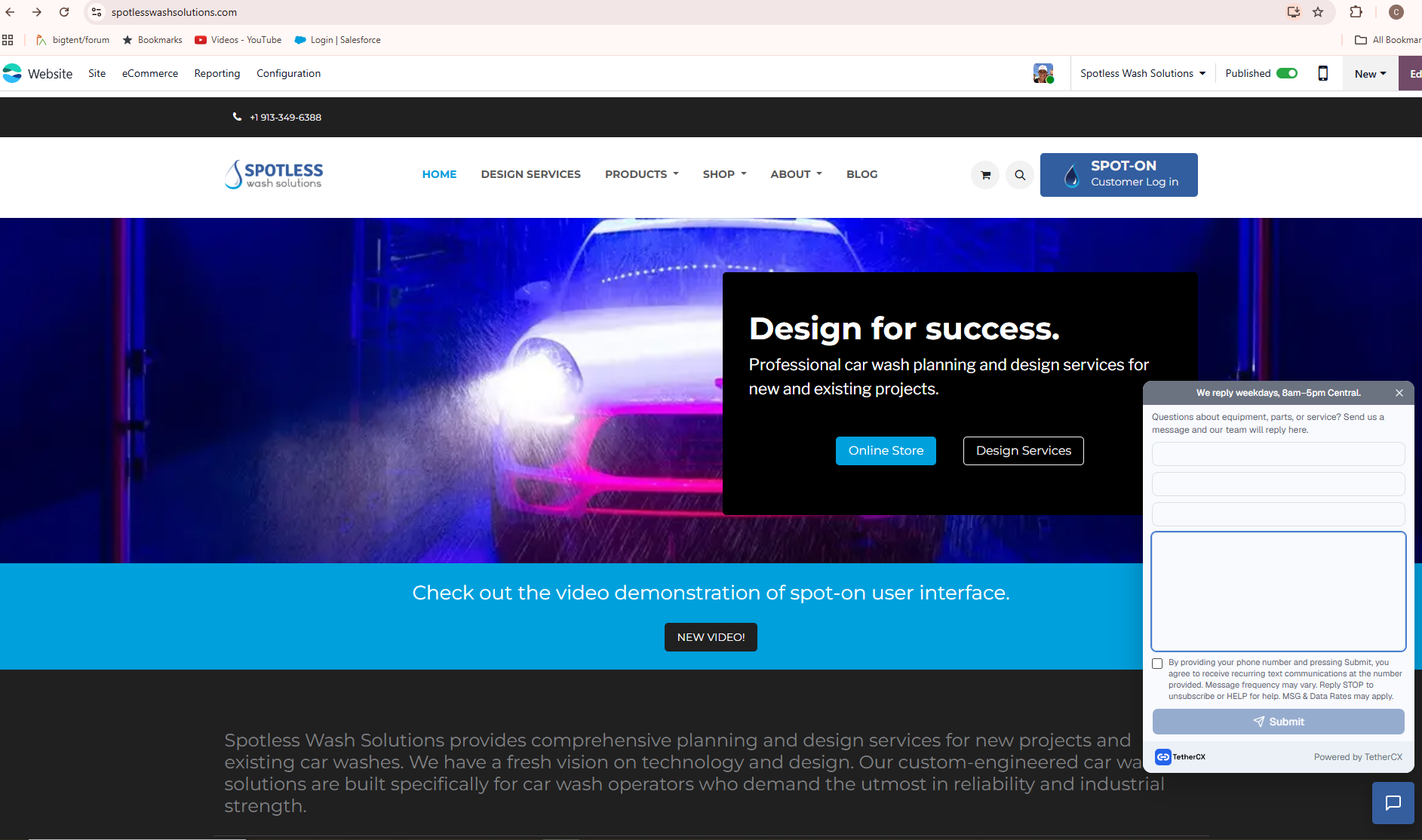 Spotless Wash Solutions webchat widget showing default, unchecked opt-in consent checkbox above the Submit button
